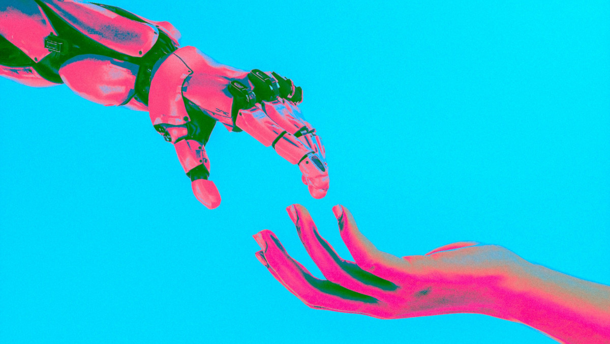 A Sistine-like image of a human hand touching a robot hand